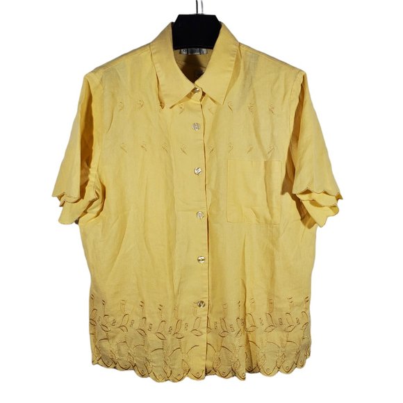 3pc Pant Set Pastel Yellow Linen Blend Casual-Suit Embroidered Floral VTG 90s - Picture 2 of 12